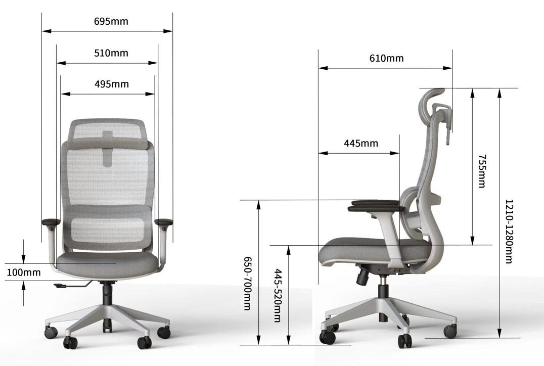 Dimentions du fauteuil ergonomique gris 974 Viva